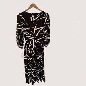 NWT DKNY Womens Black White Abstract Faux Wrap Midi Dress 3/4 Balloon Sleeve